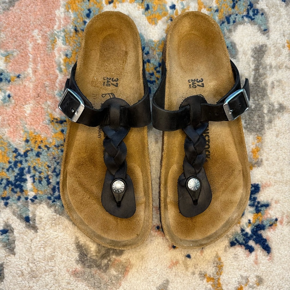 Birkenstock Gizeh Braided Oiled Leather Sandal Black Size 37/US 6-6.5